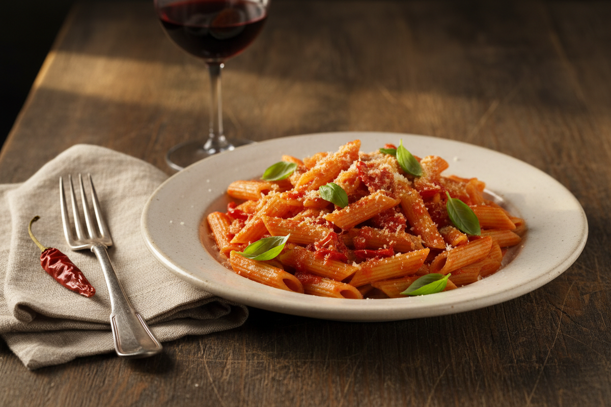 piatto di pennette arrabbiata su tavola di legno e calice di vino rosso