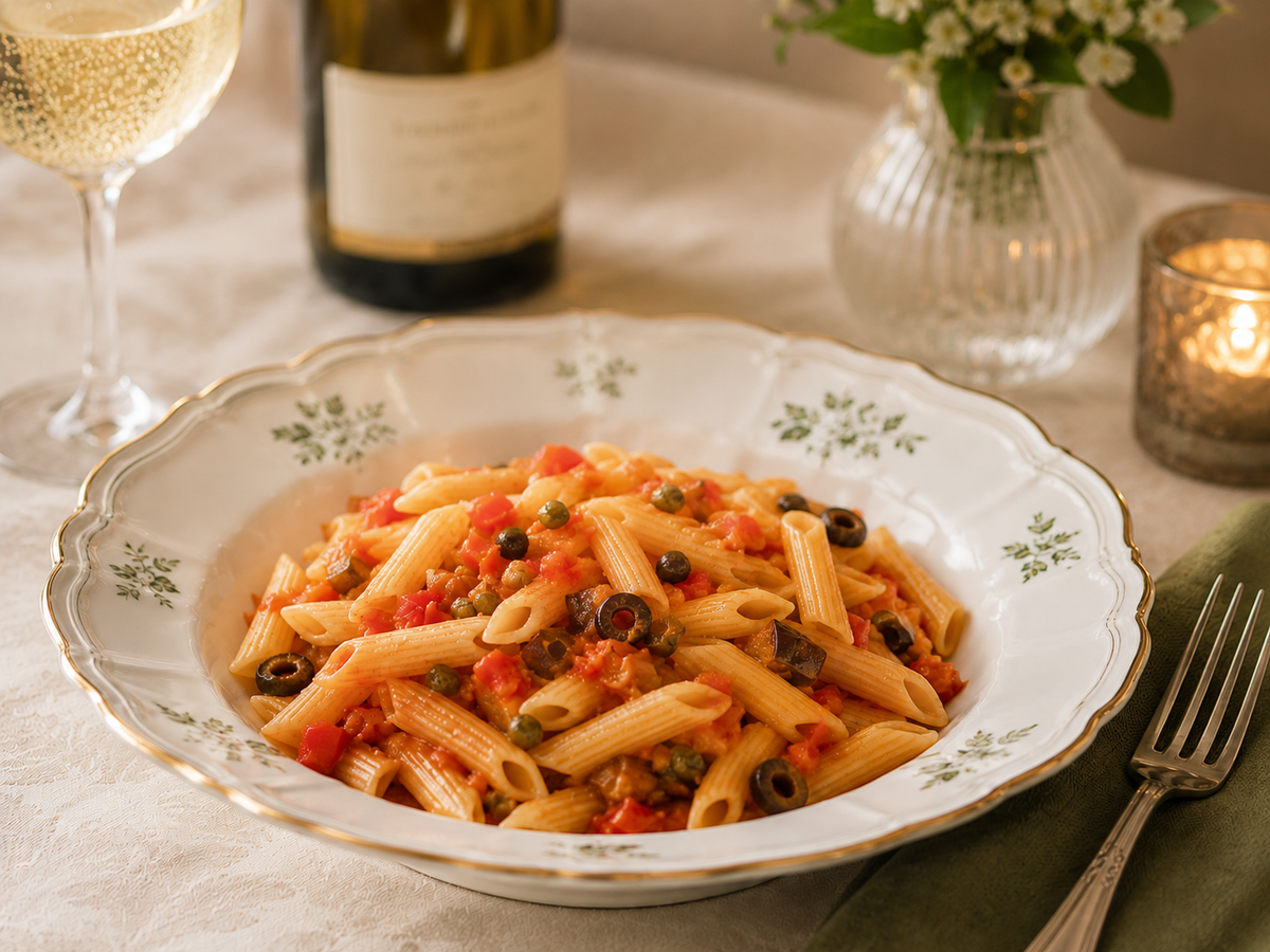 piatto di pennette su tavola apparecchiata con calice di vino bianco