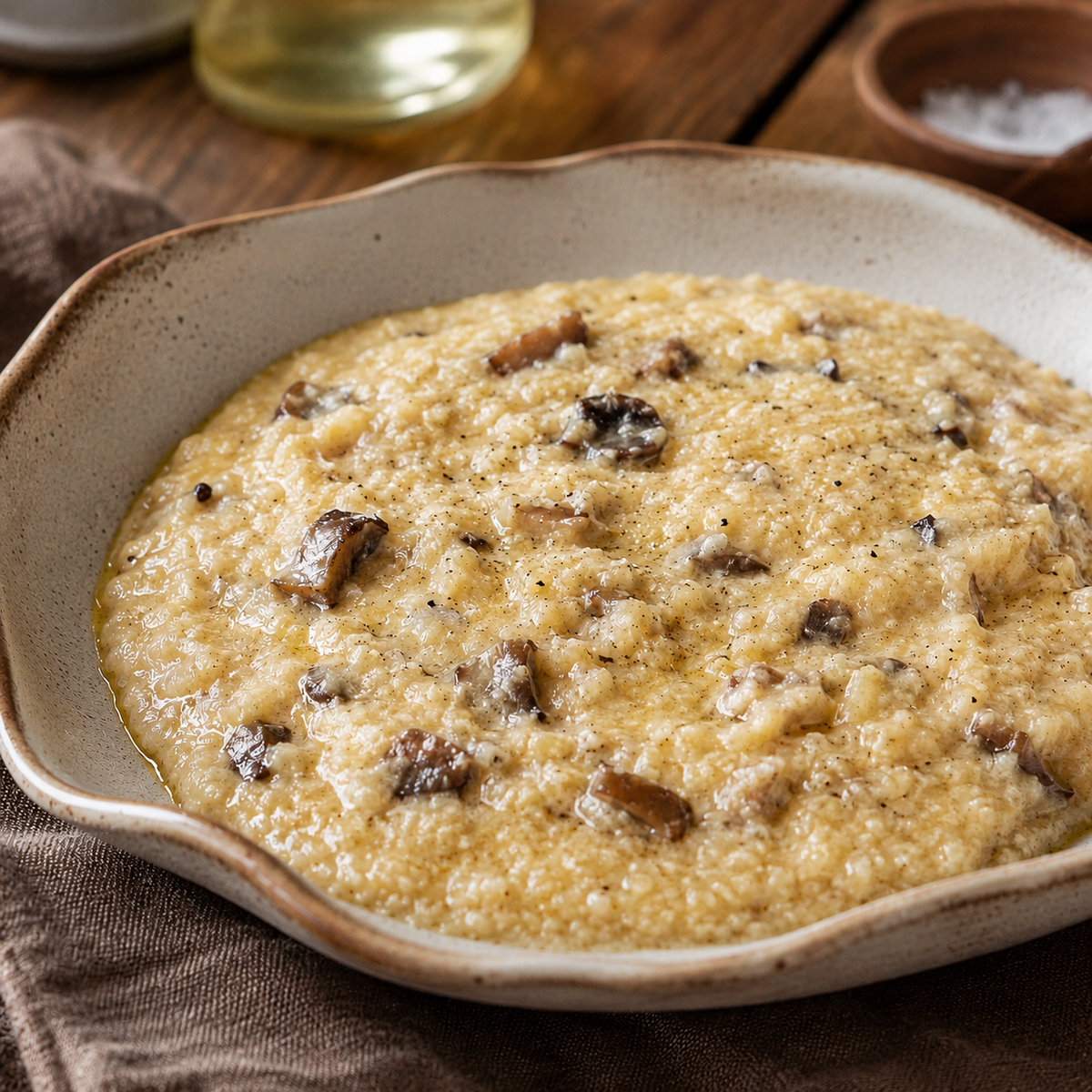 piatto di polenta con funghi su tavola di legno
