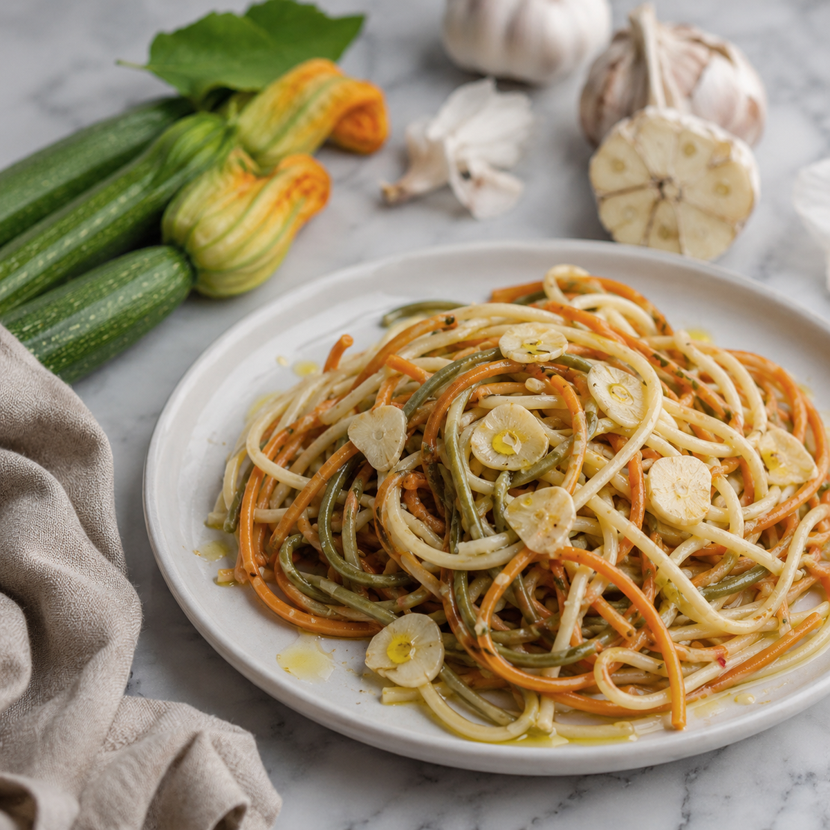 Spaghetti tricolore aglio, olio e peperoncino su piatto bianco, con aglio, zucchine, fiori di zucca e basilico su marmo.