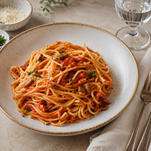 spaghetti con sugo alla boscaiola con funghi porcini