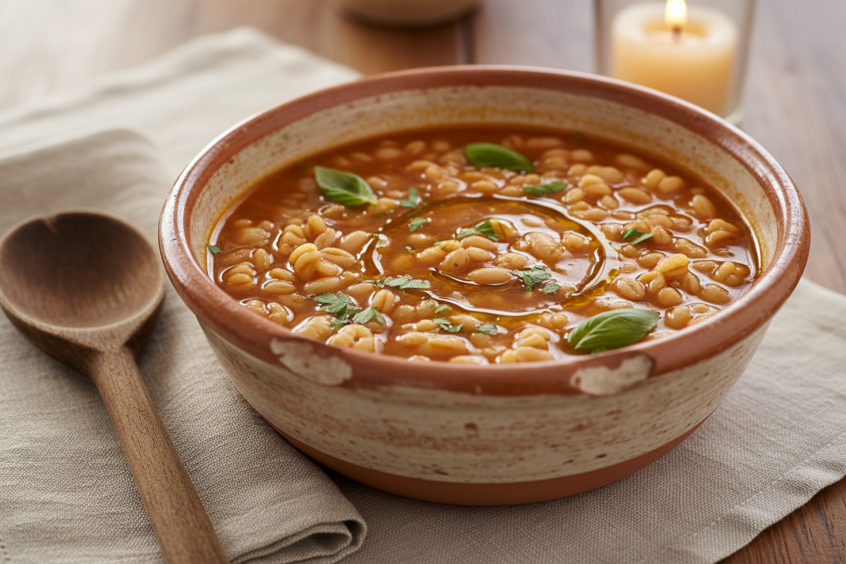 Zuppa Imperiale di Federico II in ciotola di terracotta beige e arancione, con farro, verdure, fagioli, basilico, prezzemolo e olio, accanto a un cucchiaio di legno e una candela accesa.