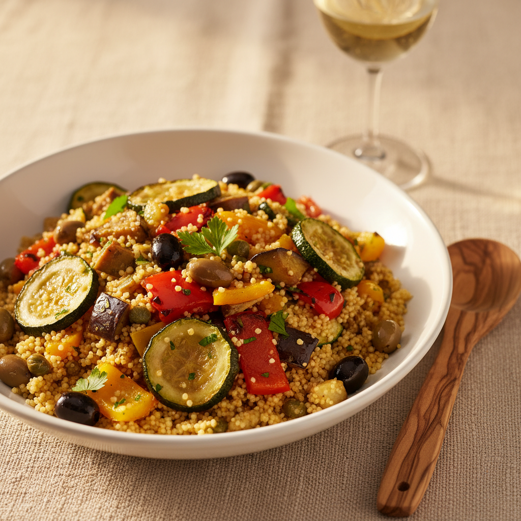 Couscous con caponata alla Trapanese, melanzane, peperoni, olive e capperi su piatto bianco con forchetta.