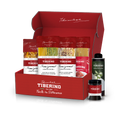 Cofanetto regalo rosso Tiberino 1888 con cinque pacchi di pasta, una bottiglia di olio d'oliva e un vasetto di salsa.