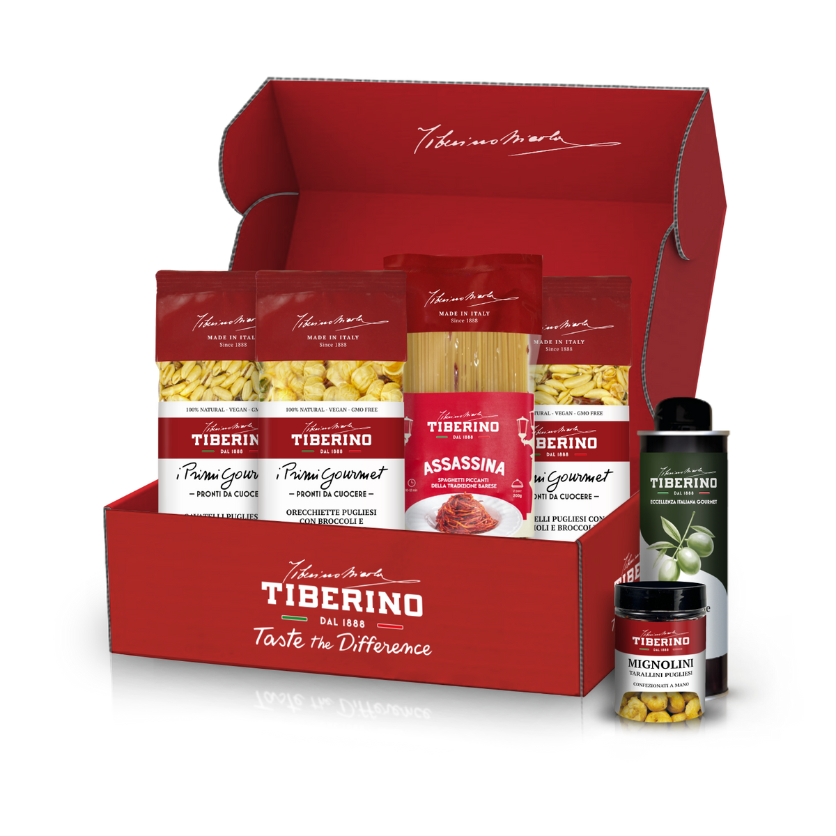 Box gourmet rosso Tiberino 1888 con spaghetti, orecchiette, cavatelli, olio d'oliva e tarallini.