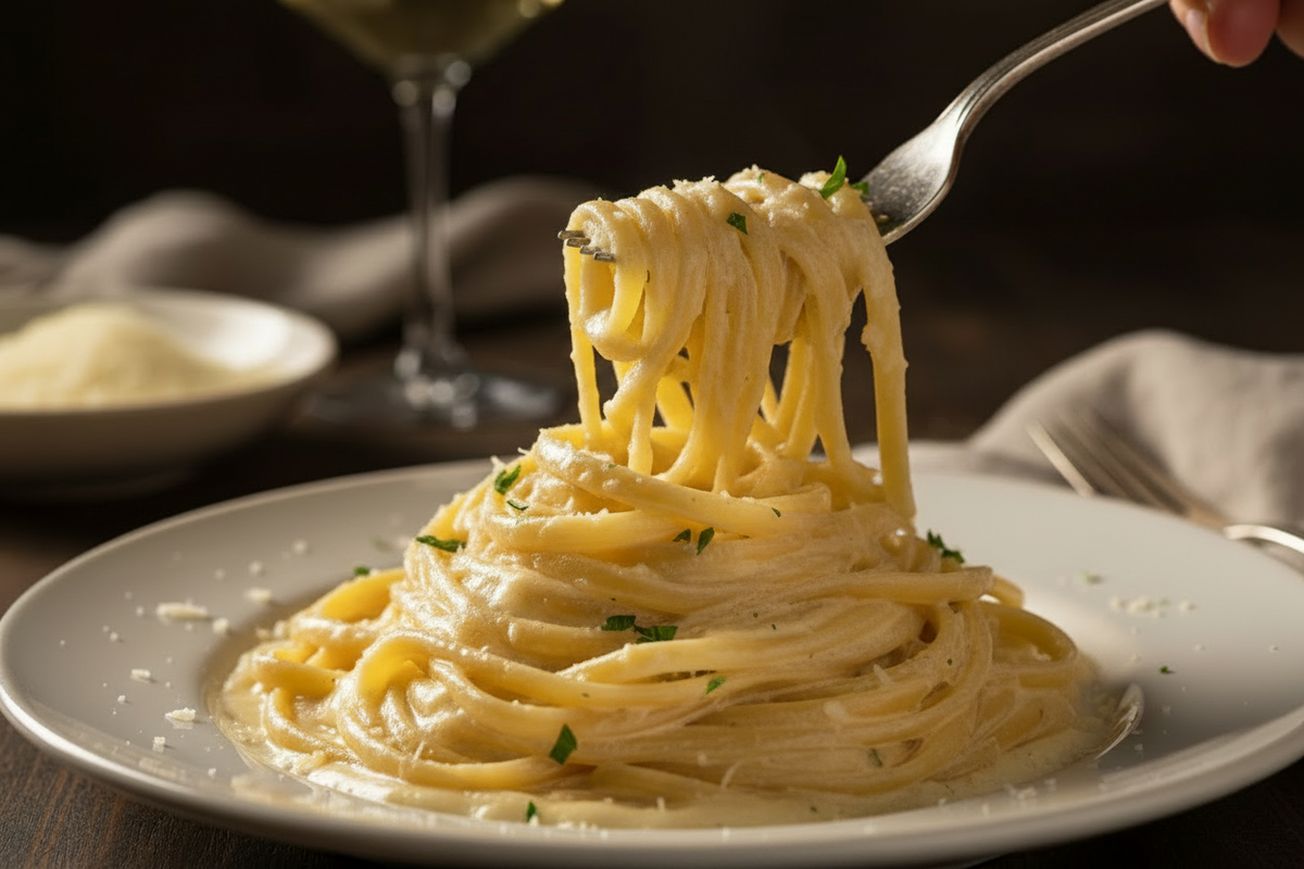 Linguine vegane "Alfredo" con salsa cremosa, prezzemolo tritato e parmigiano vegetale su piatto bianco.