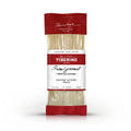Confezione rossa e trasparente di Linguine "Alfredo" Vegan Tiberino 1888, 200g, con pasta visibile.
