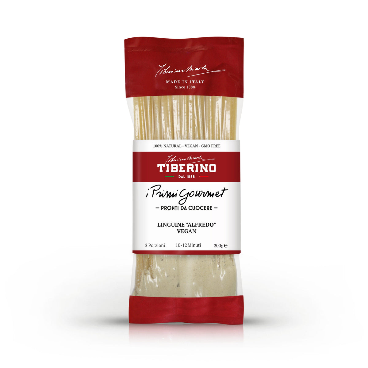 Confezione rossa e trasparente di Linguine "Alfredo" Vegan Tiberino 1888, 200g, con pasta visibile.