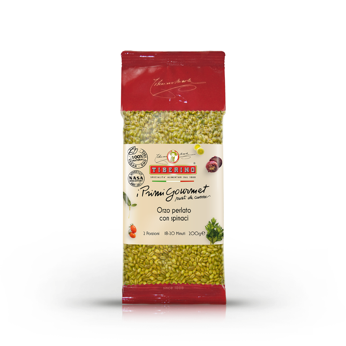 Confezione rossa e trasparente di Orzo perlato con spinaci Tiberino 1888, 200g, con orzo verde visibile.