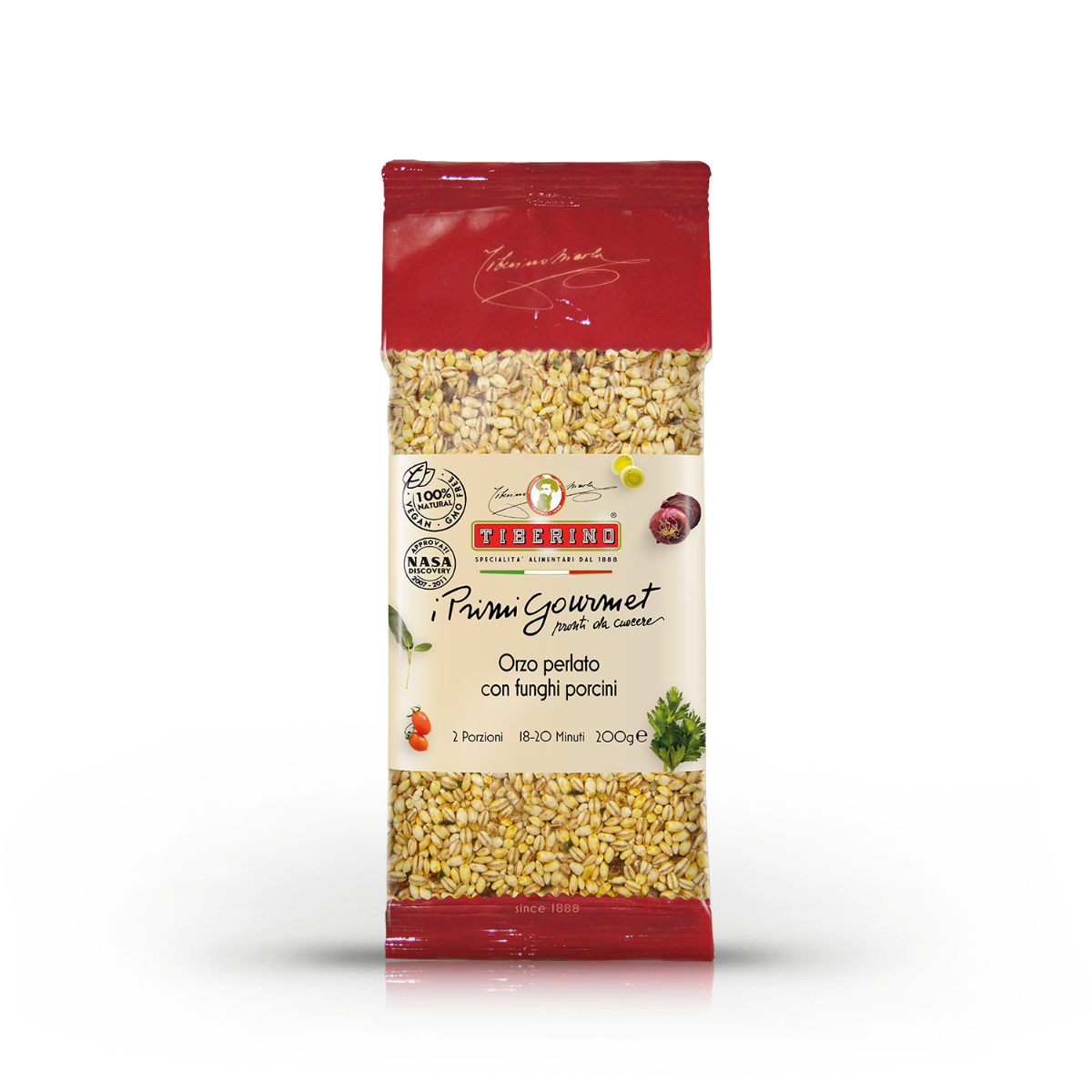 Confezione rossa e trasparente di Orzo perlato con funghi porcini Tiberino 1888, 200g, con orzo visibile.