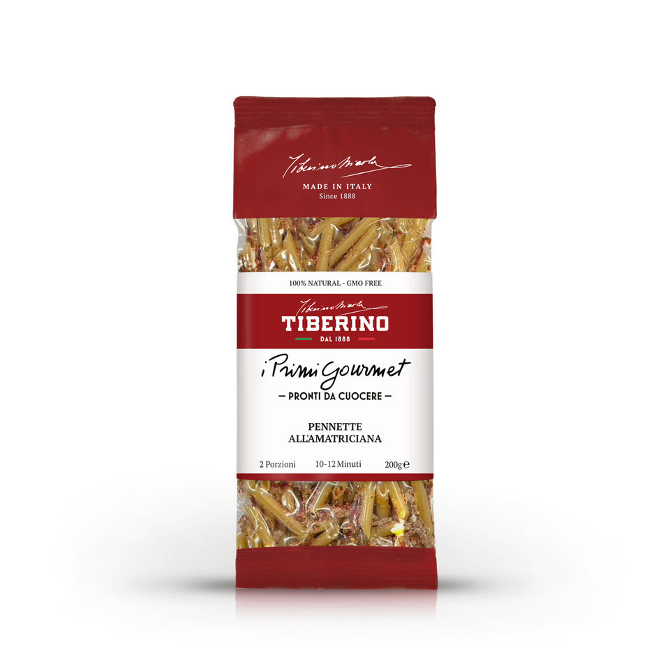 Confezione rossa Tiberino 1888 di Pennette all'Amatriciana, pasta secca con guanciale e pomodoro, 200g.