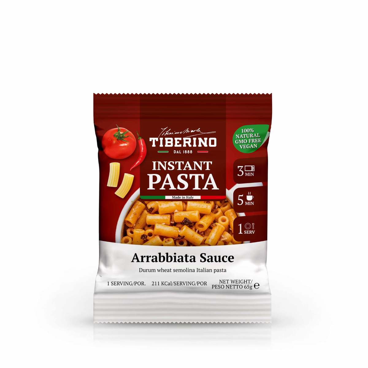 Confezione rossa e bianca di pasta Tiberino 1888 Instant Pasta Arrabbiata Sauce, con pomodoro, peperoncino e rigatoni.