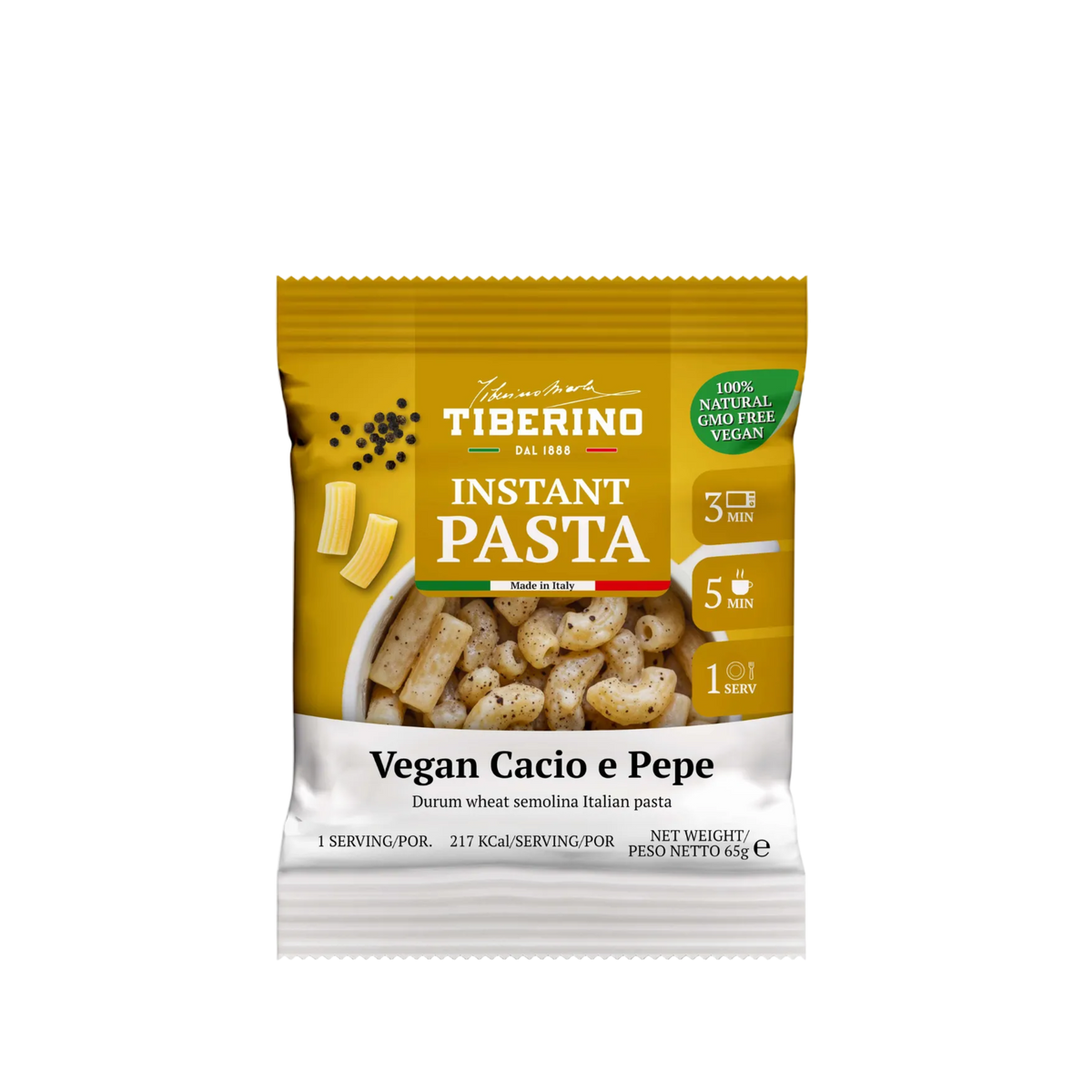 Confezione gialla e bianca di pasta istantanea Tiberino 1888 Vegan Cacio e Pepe, 65g, con pasta cotta e pepe nero.