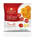 Confezione bianca e rossa di pasta Pennette Tiberino 1888 con pomodoro e basilico, 230 kcal, 65g.