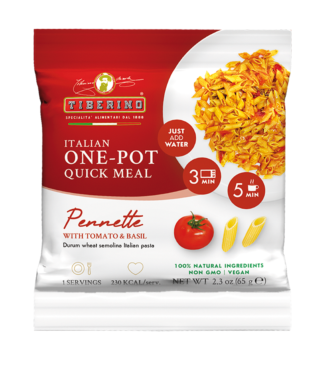Confezione bianca e rossa di pasta Pennette Tiberino 1888 con pomodoro e basilico, 230 kcal, 65g.