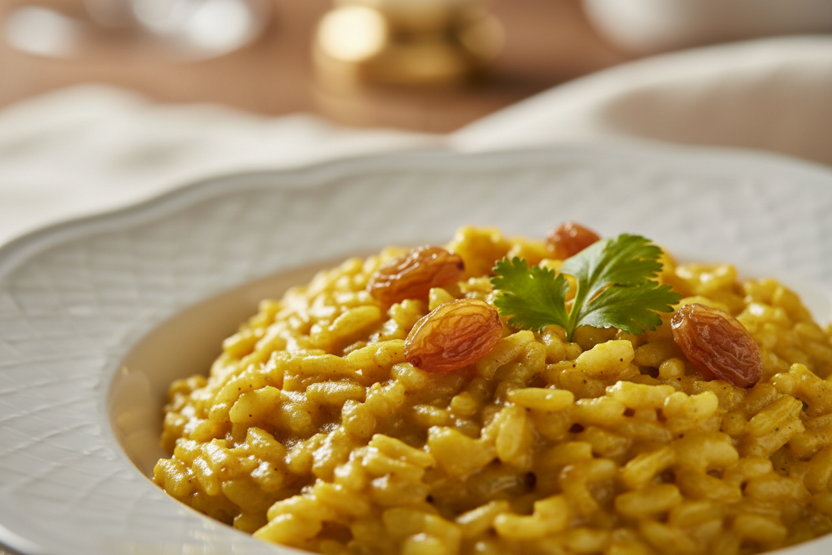 Riso Carnaroli al curry e uvetta giallo dorato in piatto bianco, guarnito con uvetta e foglia di coriandolo verde.