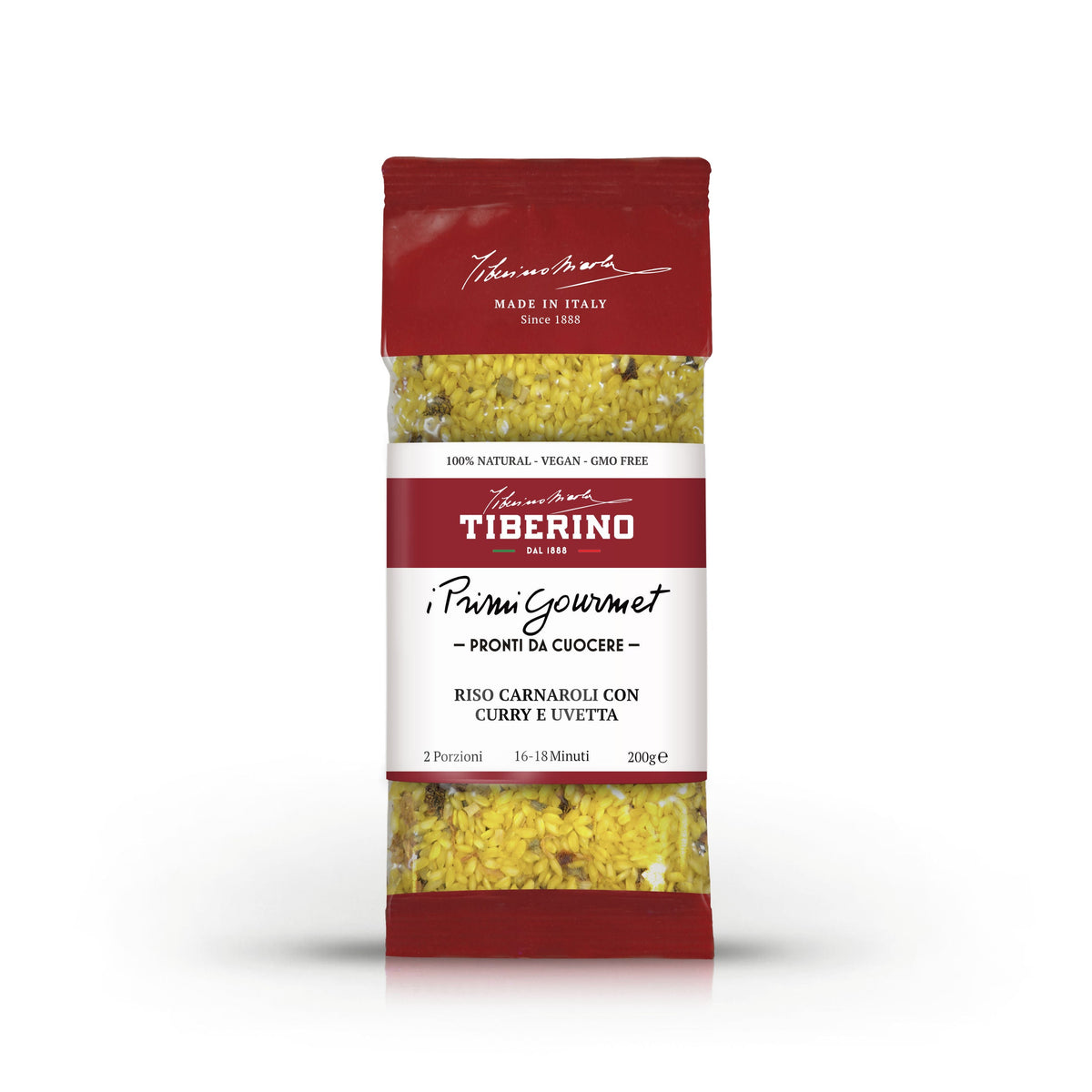Confezione rossa e trasparente di Riso Carnaroli con Curry e Uvetta Tiberino 1888, 200g, 2 porzioni.