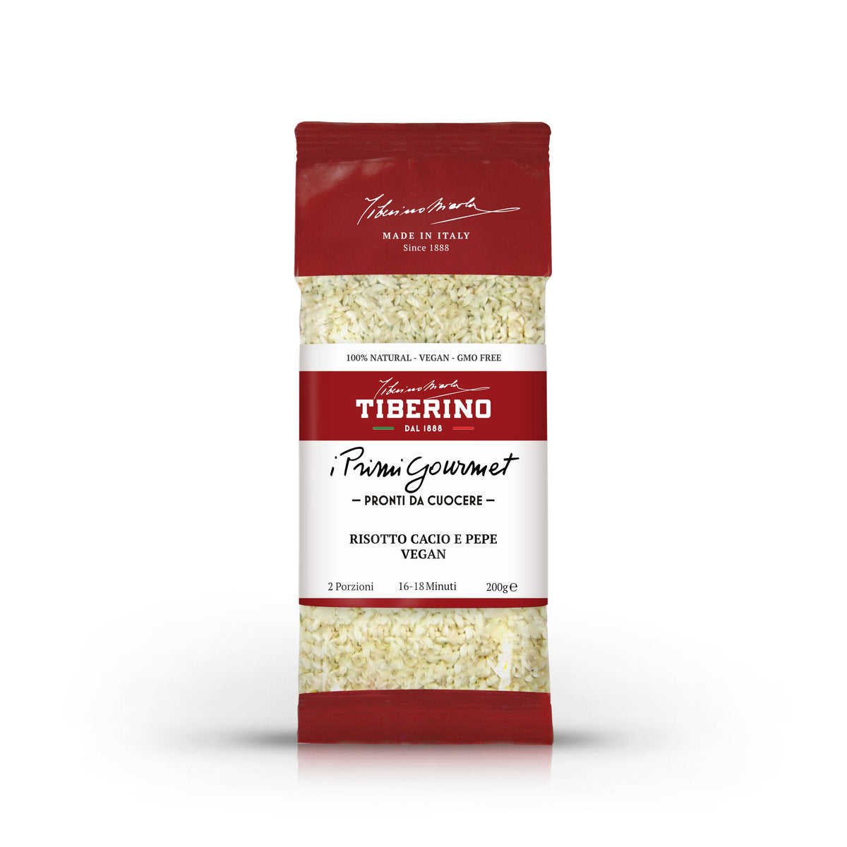 Confezione rossa e bianca di Risotto Cacio e Pepe Vegan Tiberino 1888, 200g, con riso visibile.