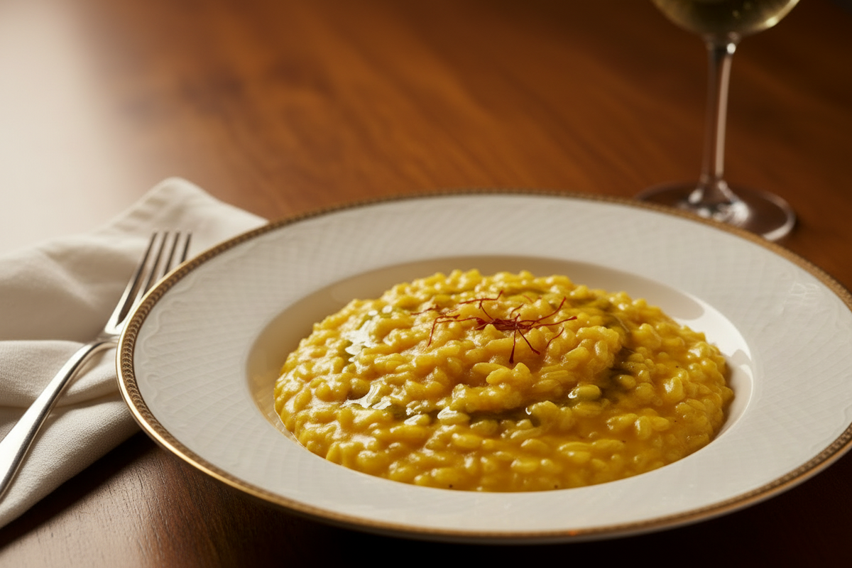 Risotto giallo con funghi porcini e zafferano in piatto bianco bordato d'oro, con forchetta e bicchiere di vino.