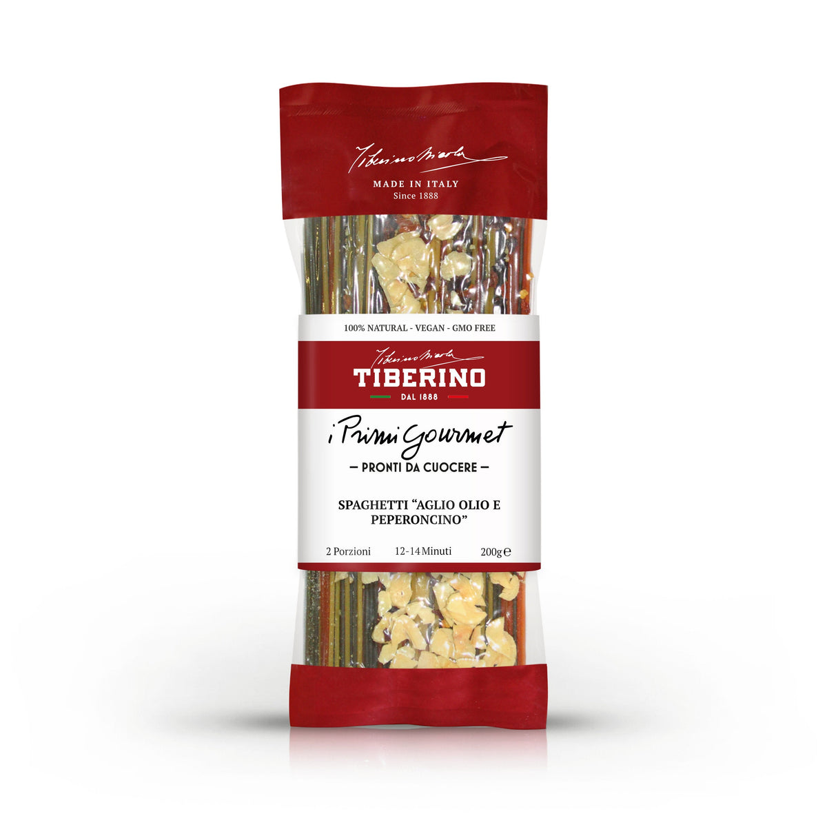 Confezione verticale Tiberino 1888 "I Primi Gourmet" Spaghetti Aglio Olio e Peperoncino da 200g, con pasta verde e bianca, scaglie di aglio e peperoncino rosso.