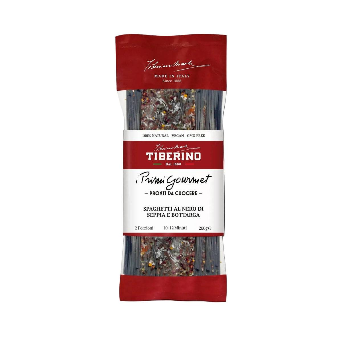 Confezione di spaghetti neri al nero di seppia e bottarga Tiberino 1888, 200g, con etichetta rossa.