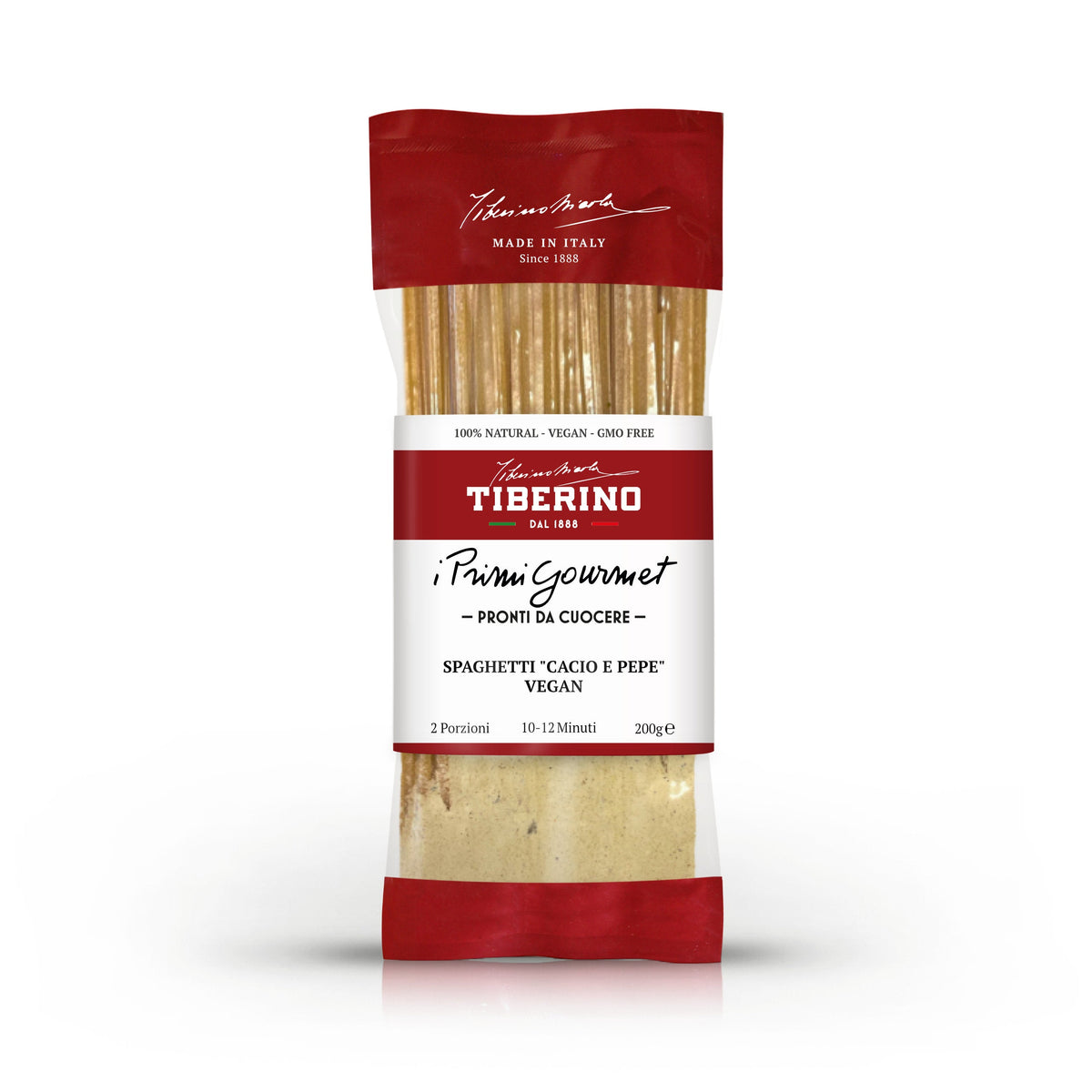 Confezione rossa e trasparente di Spaghetti "Cacio e Pepe" Vegan Tiberino 1888, 200g, per 2 porzioni.