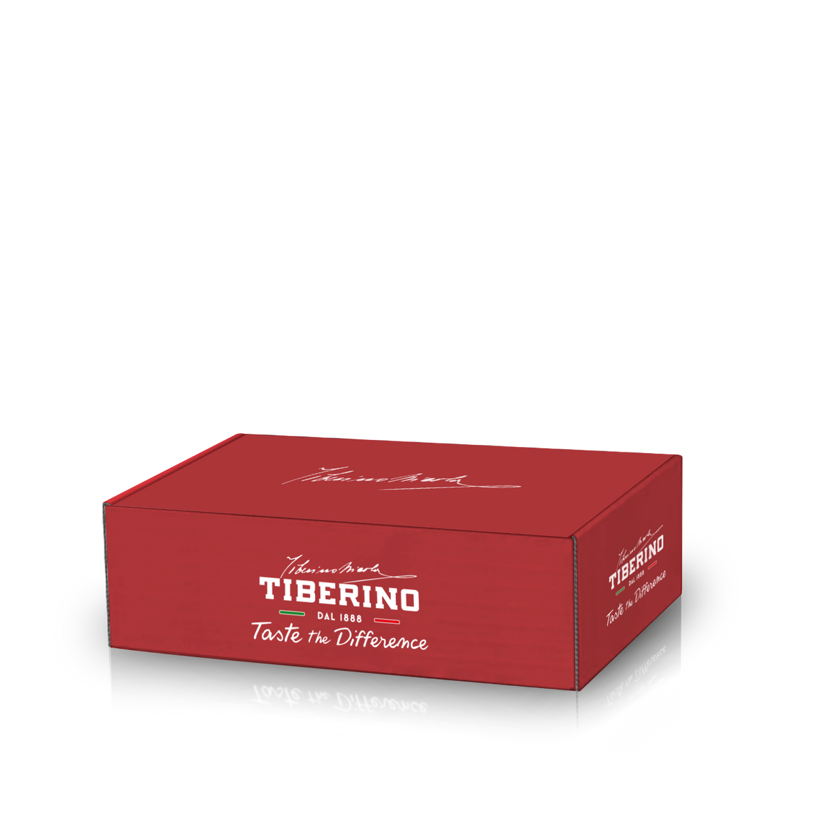 Scatola regalo rettangolare rossa opaca con logo bianco Tiberino 1888 e scritta "Taste the Difference".