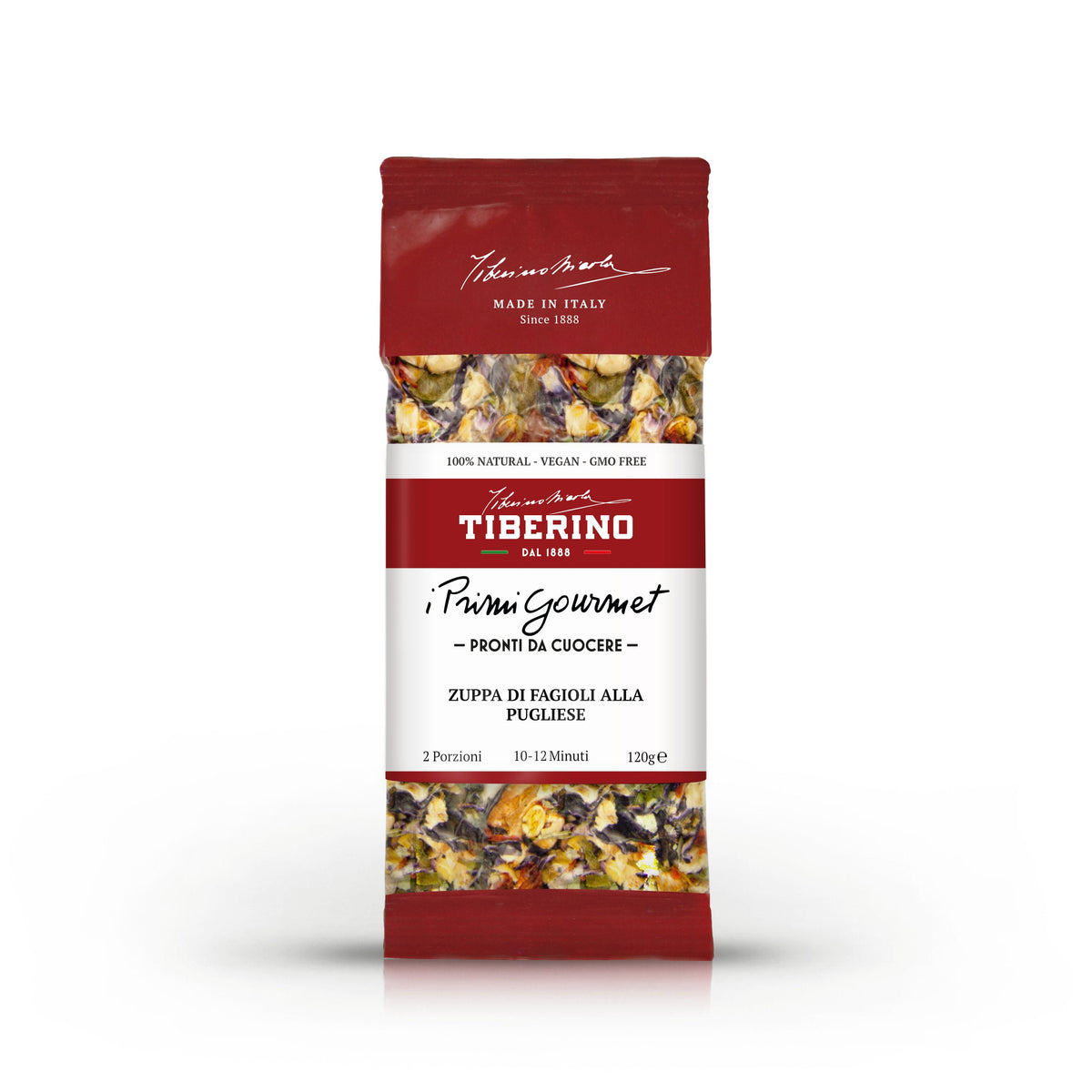 Confezione rossa opaca Tiberino 1888 Zuppa di Fagioli alla Pugliese, con finestra trasparente che mostra legumi secchi.