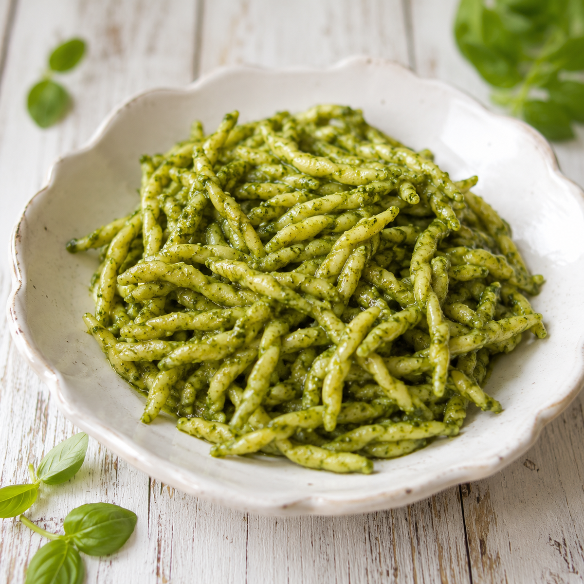 piatto di ceramica su tavolo di legno bianco con trofie al pesto di basilico e foglie di basilico